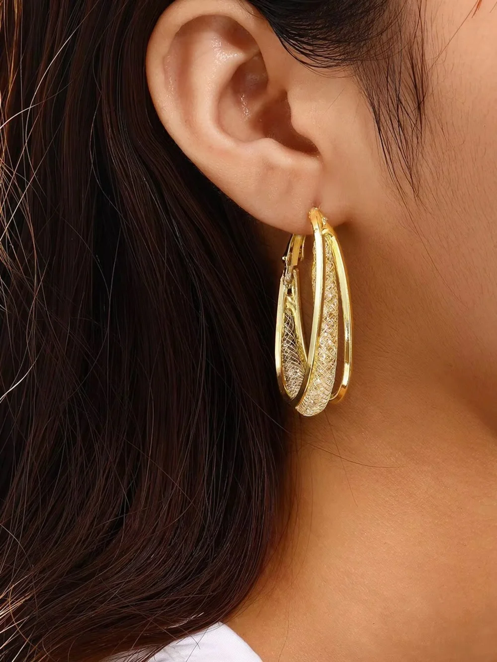** High-Quality Stainless Steel Gold Textured Double Hoop Earrings